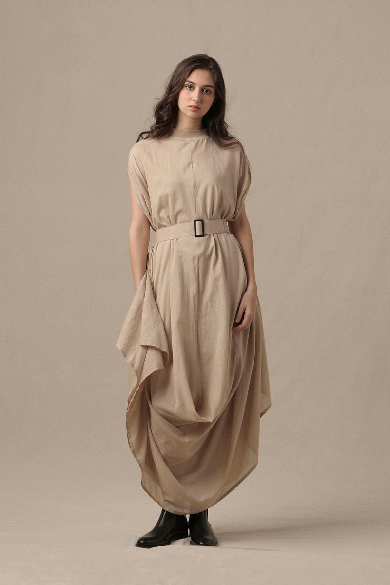 Belted Sand Cowl Dress cotton dress by Mati in brown for women Worldwide