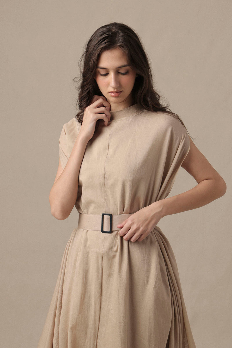 Belted Sand Cowl Dress cotton dress by Mati in brown for women Worldwide