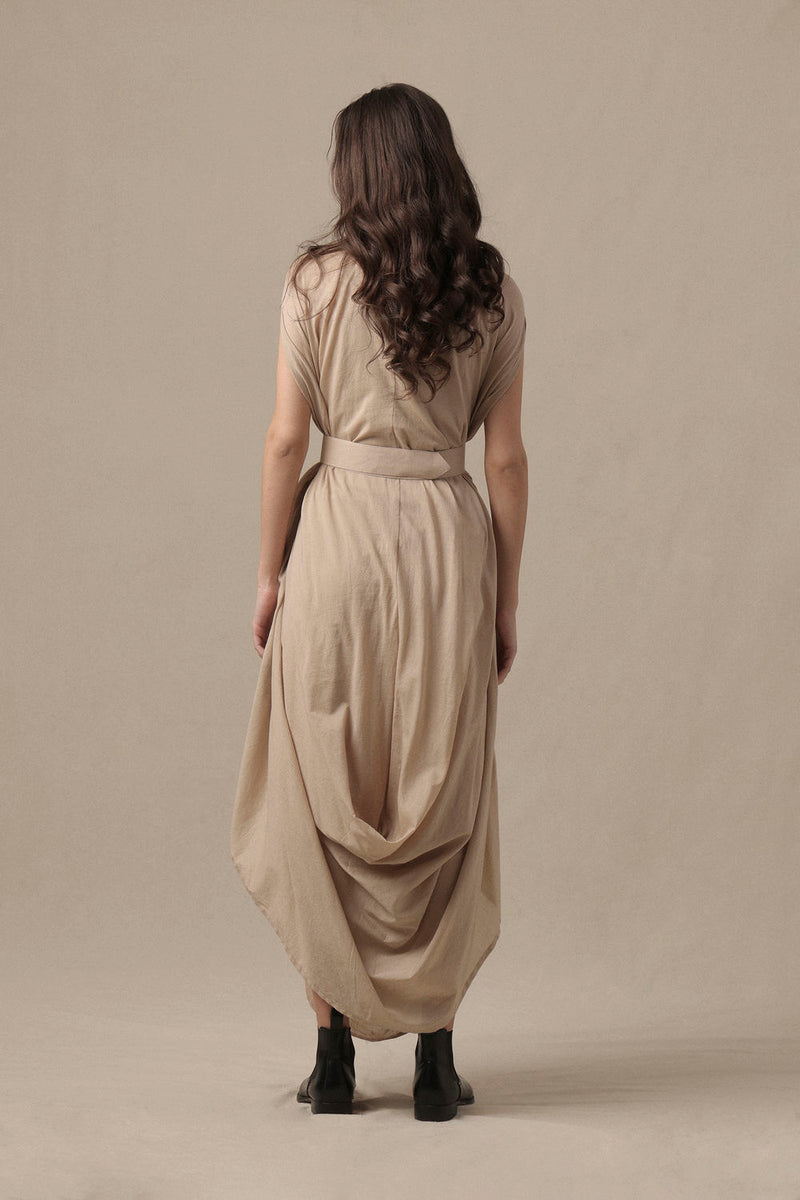 Belted Sand Cowl Dress cotton dress by Mati in brown for women Worldwide