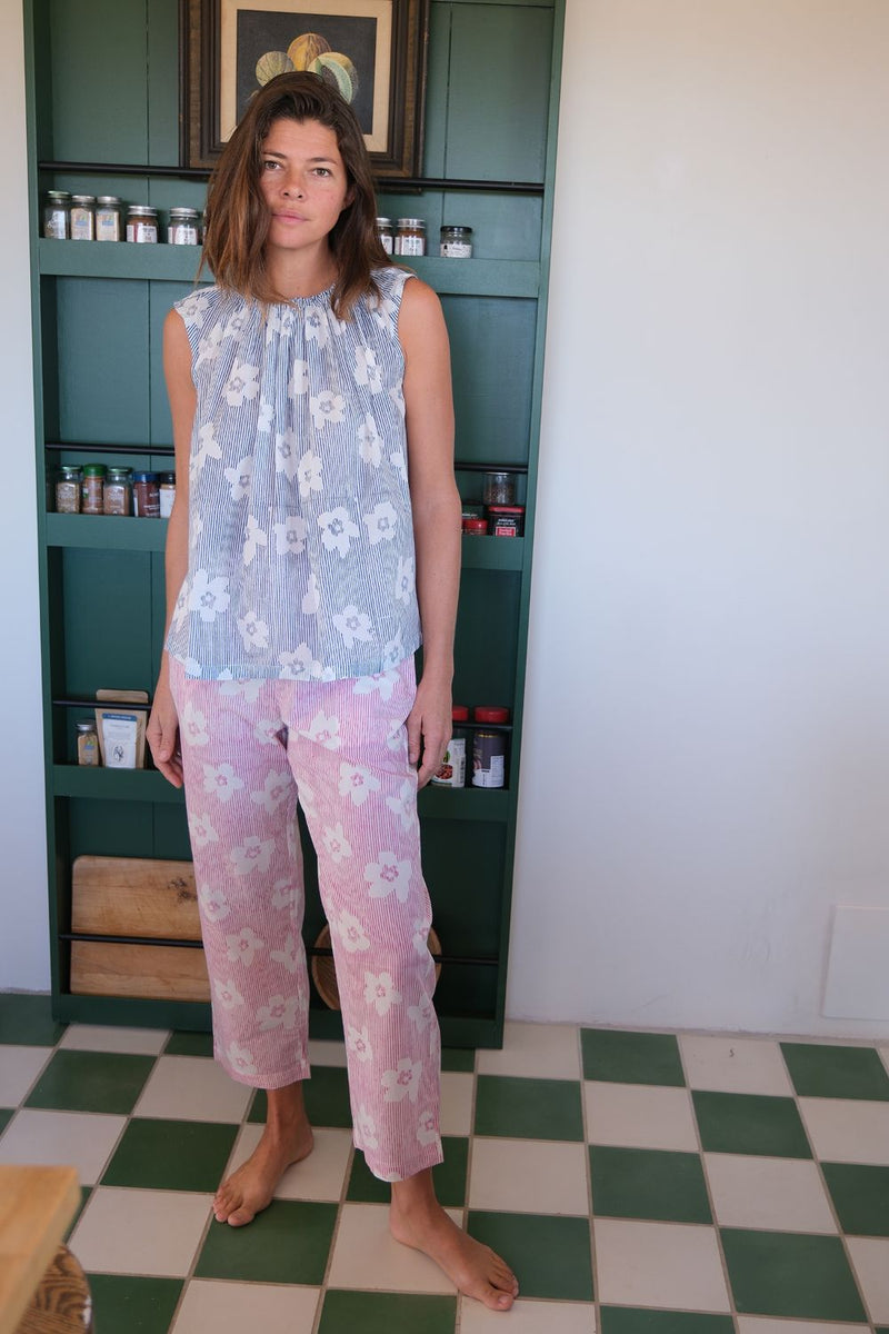 Berkeley Bloom Top hand block printed cotton. top/shirt by World of Crow in navy for women Worldwide