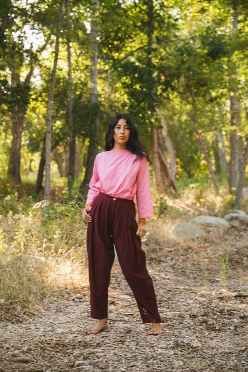 Pleated Pants - Berry cotton by World of Crow for women Worldwide