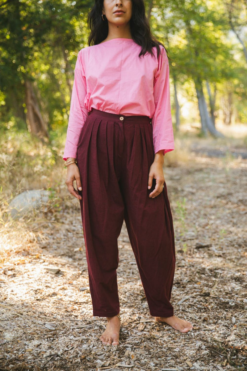 Pleated Pants - Berry cotton by World of Crow for women Worldwide