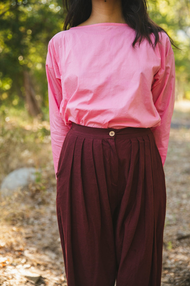 Pleated Pants - Berry cotton by World of Crow for women Worldwide