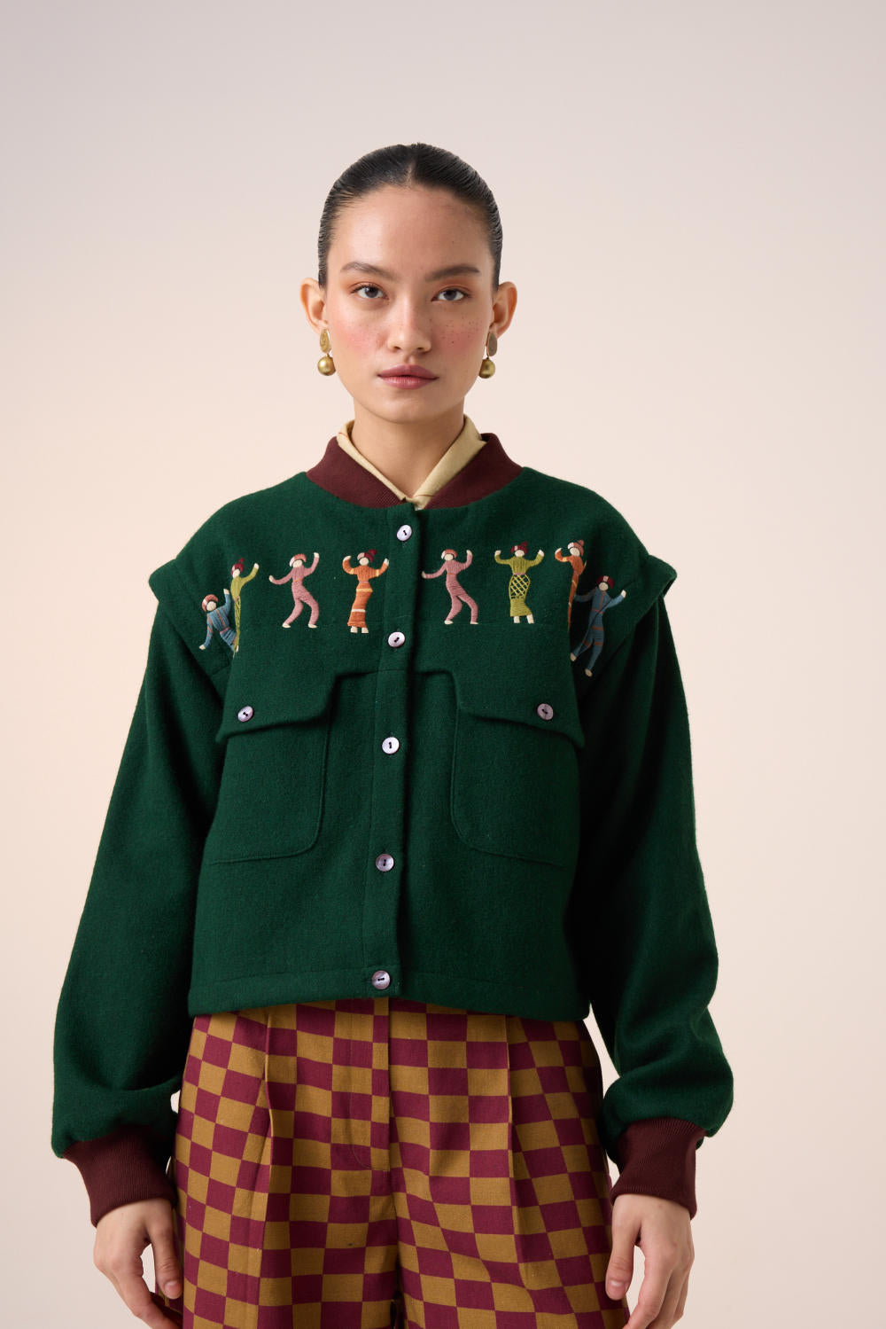 BERT JACKET -GREEN FOLK EMBROIDERY