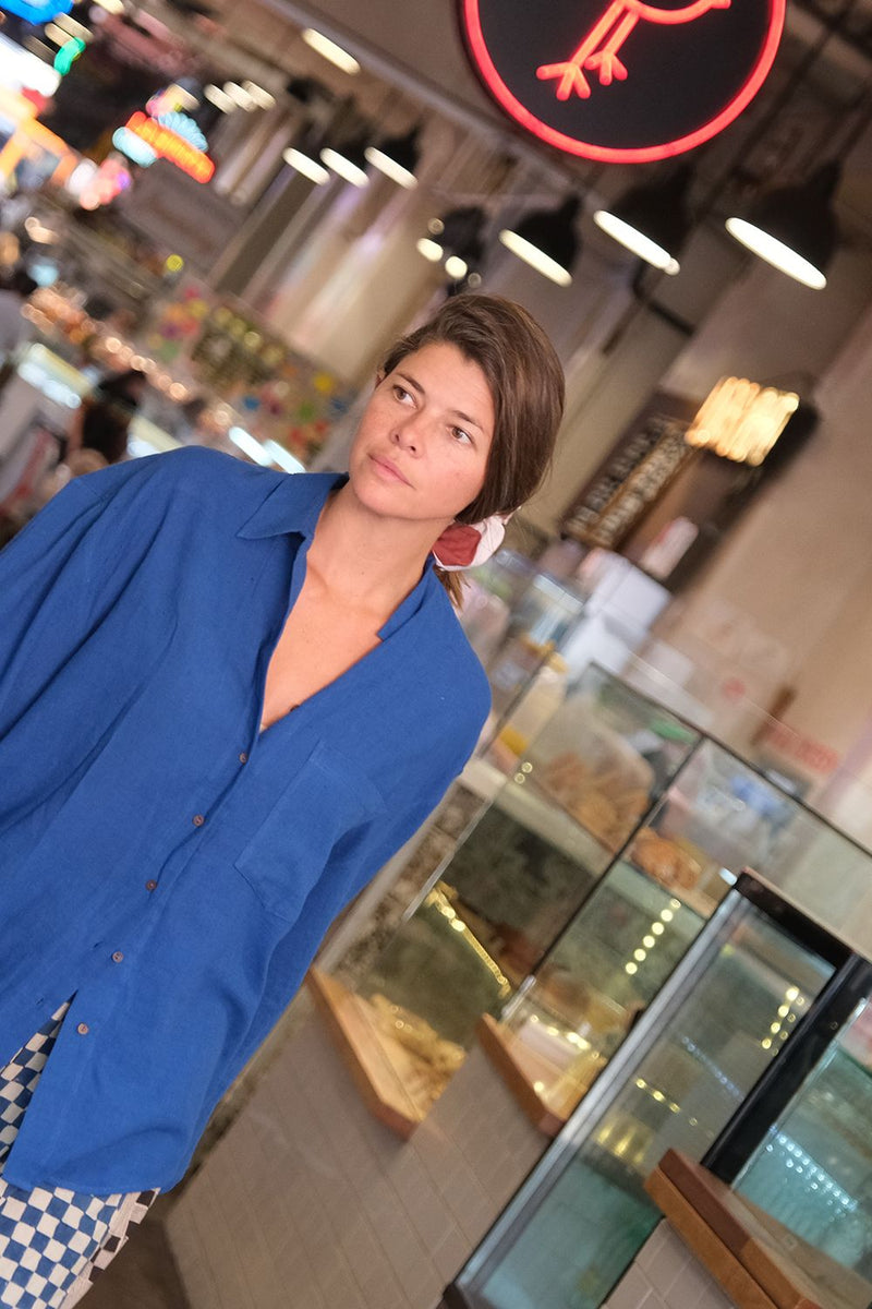The blue Button-Down Shirt cotton by World of Crow in blue color for women Worldwide