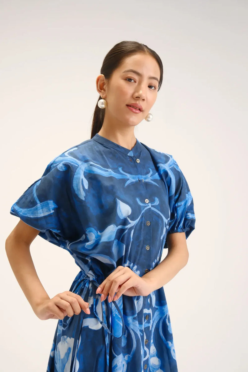 Bilberry Side Tie-up Dress cotton mulmul dress by YAM in blue for women Worldwide