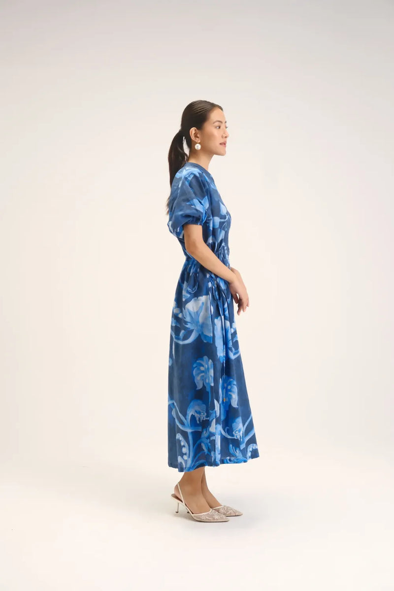 Bilberry Side Tie-up Dress cotton mulmul dress by YAM in blue for women Worldwide