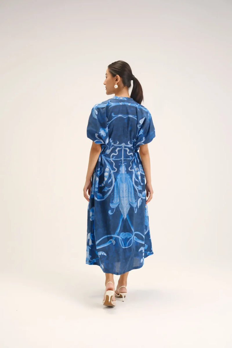 Bilberry Side Tie-up Dress cotton mulmul dress by YAM in blue for women Worldwide