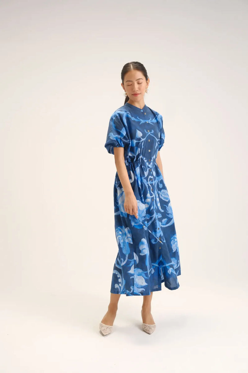 Bilberry Side Tie-up Dress cotton mulmul dress by YAM in blue for women Worldwide