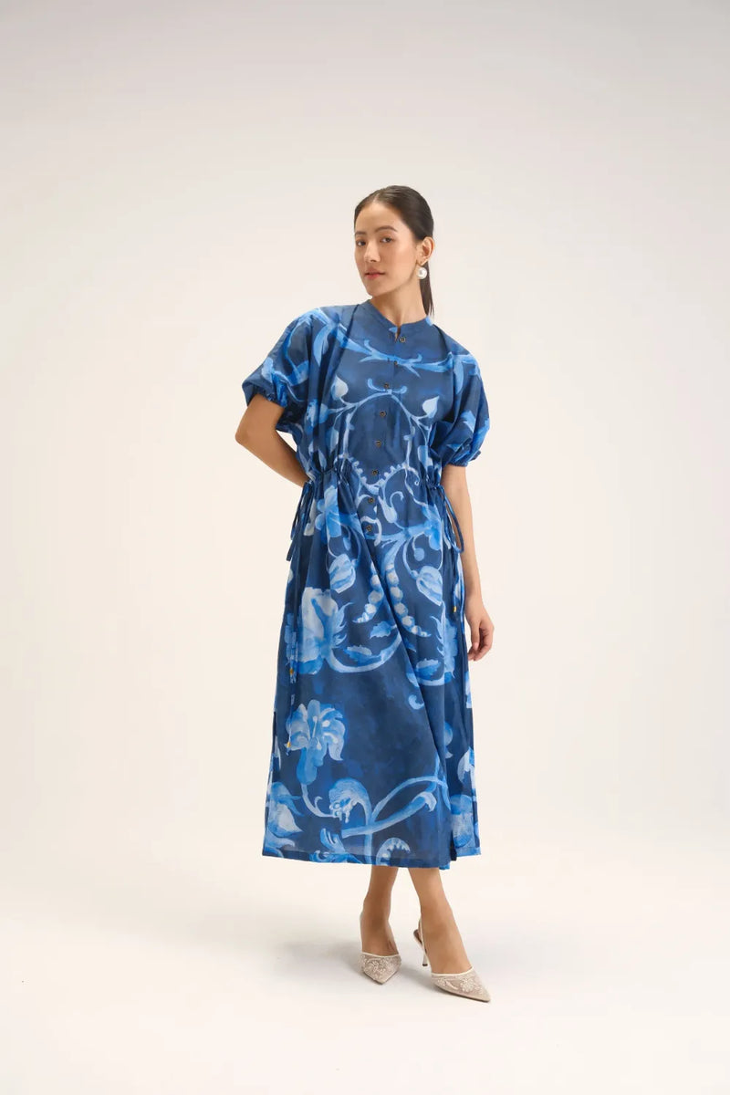 Bilberry Side Tie-up Dress cotton mulmul dress by YAM in blue for women Worldwide