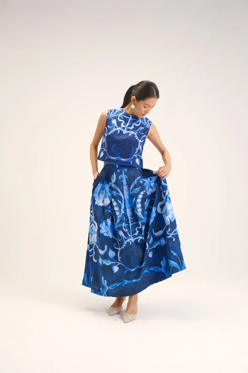 Bilberry Top & Skirt Set cotton satin co-ord set by YAM in blue for women Worldwide