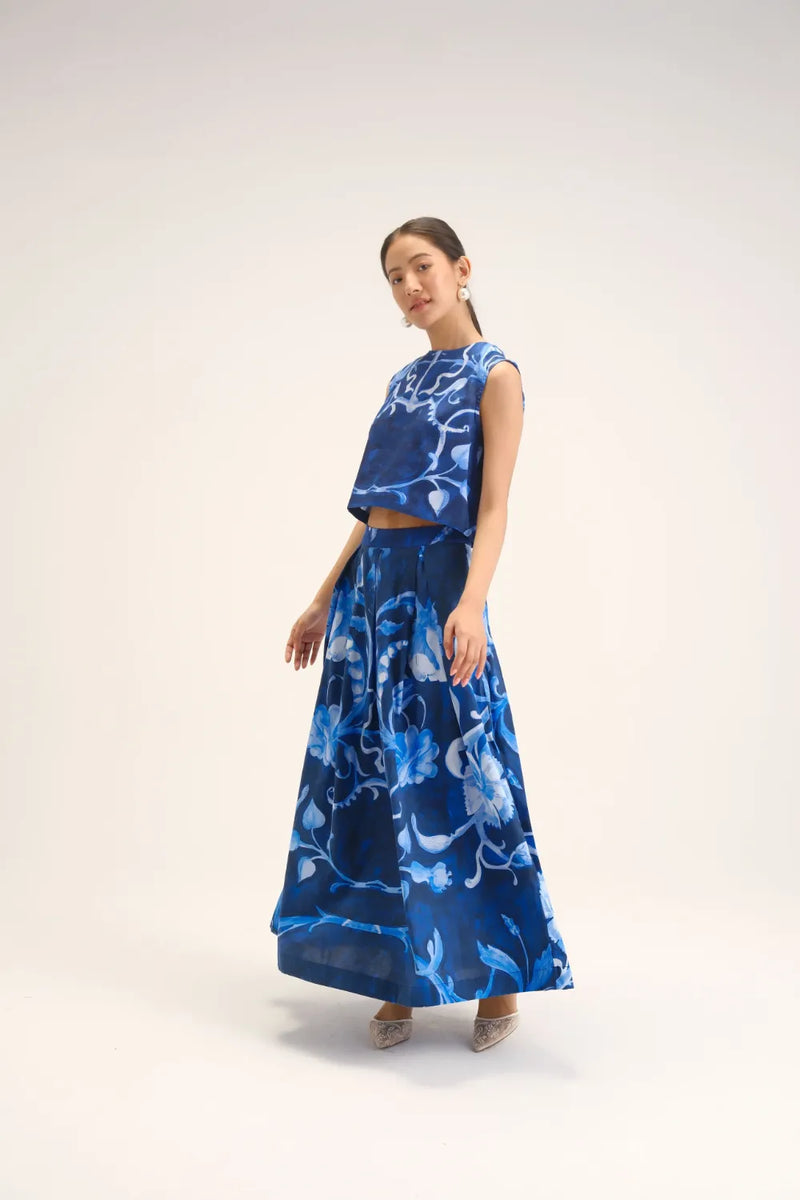 Bilberry Top & Skirt Set cotton satin co-ord set by YAM in blue for women Worldwide