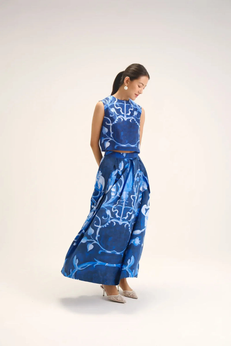 Bilberry Top & Skirt Set cotton satin co-ord set by YAM in blue for women Worldwide