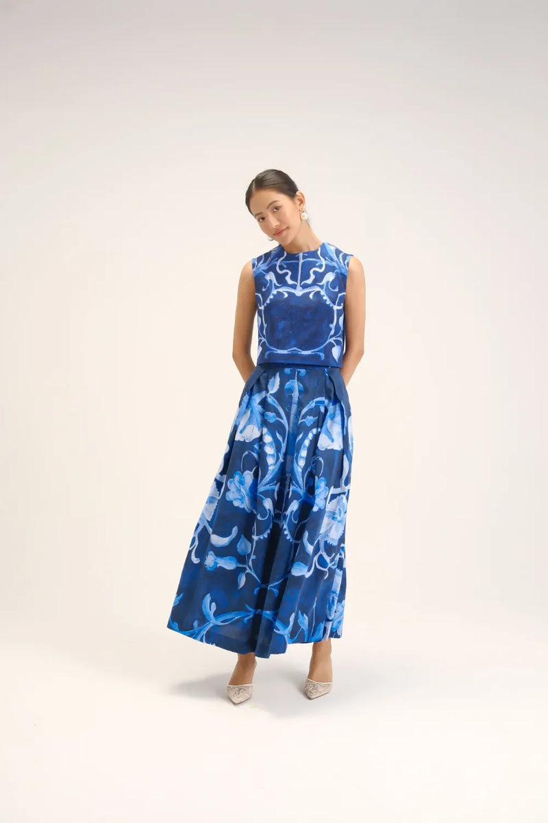 Bilberry Top & Skirt Set cotton satin co-ord set by YAM in blue for women Worldwide