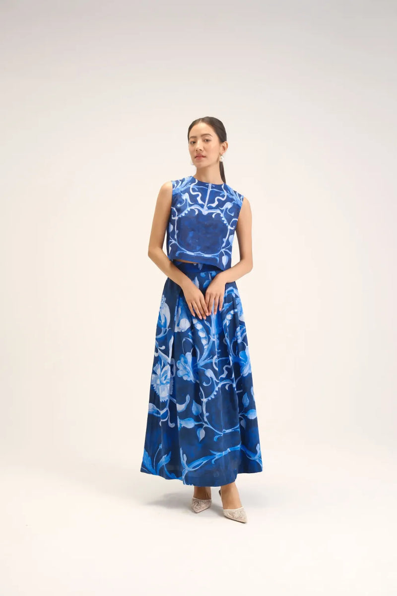 Bilberry Top & Skirt Set cotton satin co-ord set by YAM in blue for women Worldwide