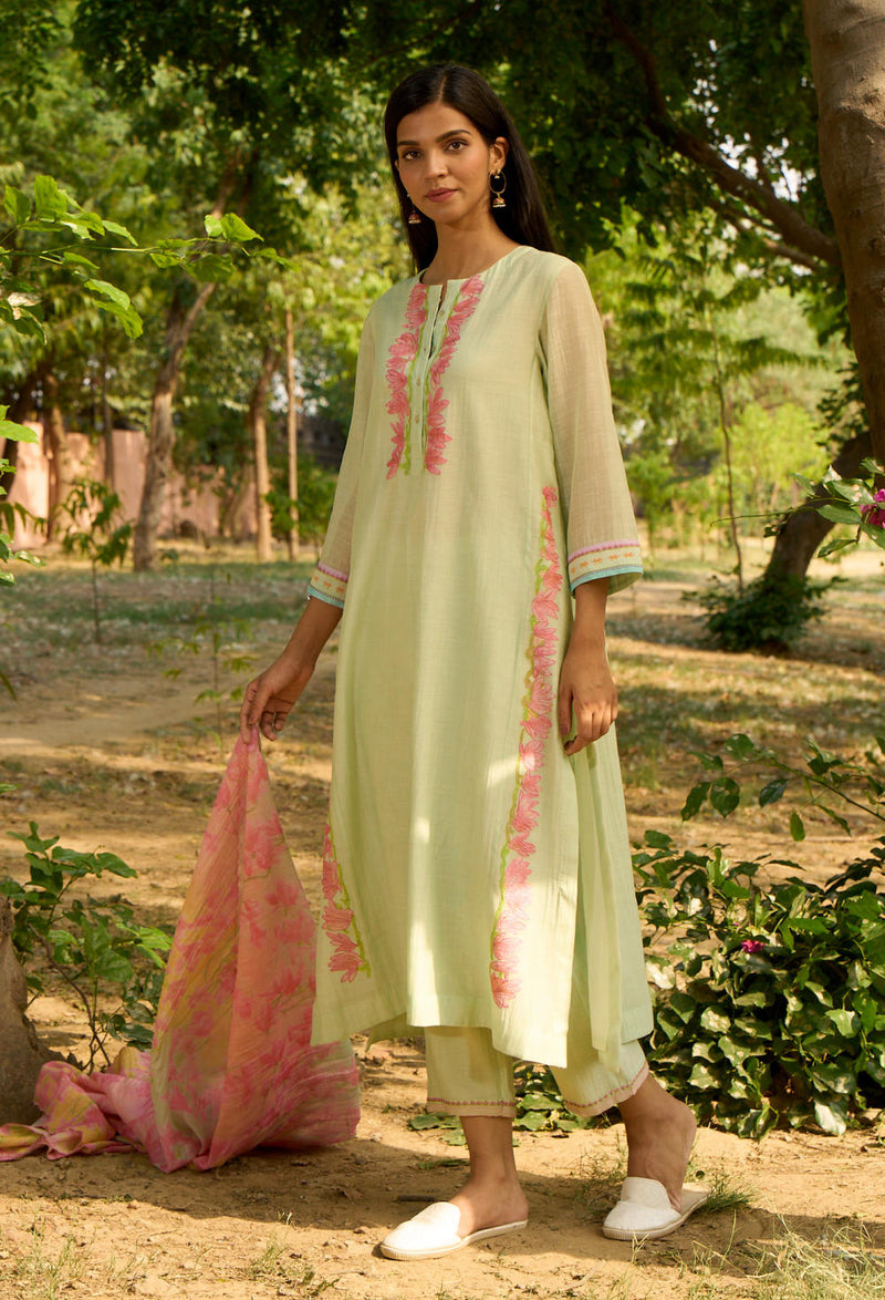 Bulbul Kurta Set-Light Green silk by Priti Prashant in green color for women Worldwide