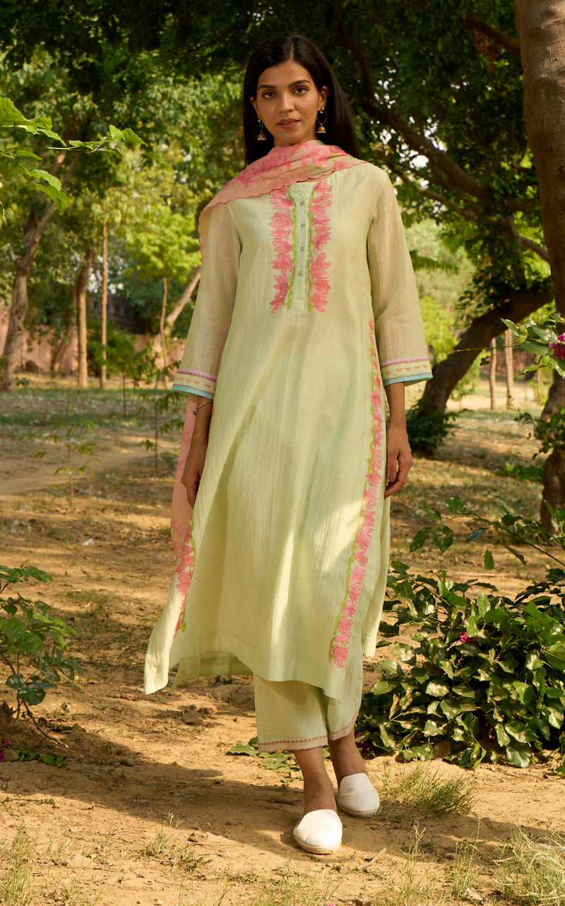 Bulbul Kurta Set-Light Green silk by Priti Prashant in green color for women Worldwide