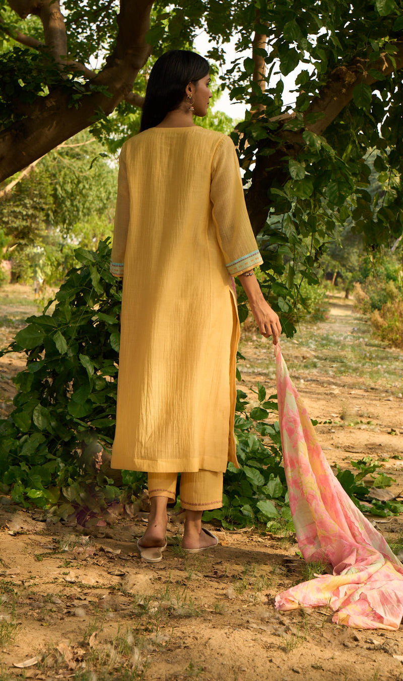 Bulbul Kurta Set-Yellow silk by Priti Prashant in yellow color for women Worldwide