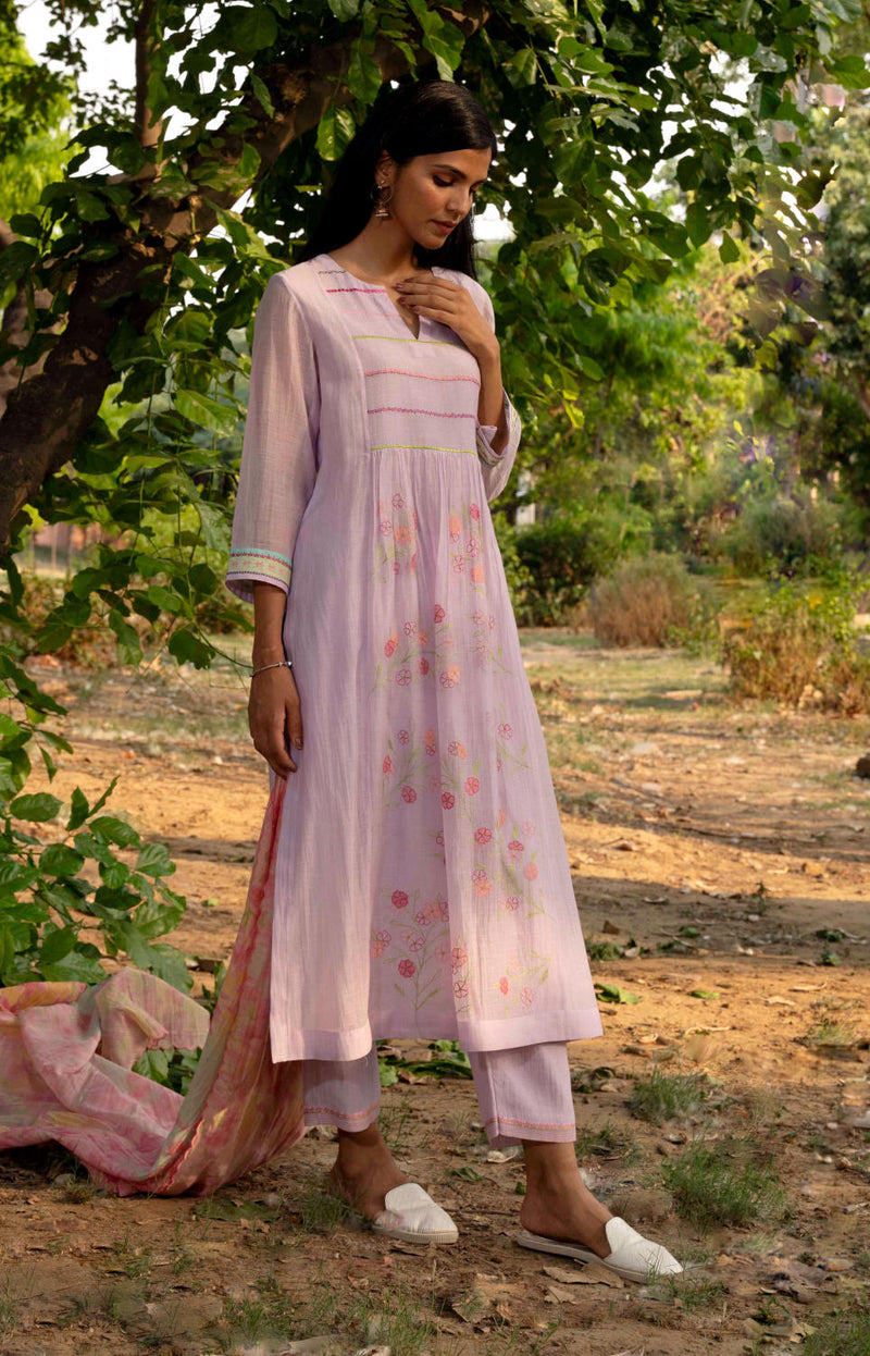 Papiha Kurta Set-lilac silk by Priti Prashant for women Worldwide