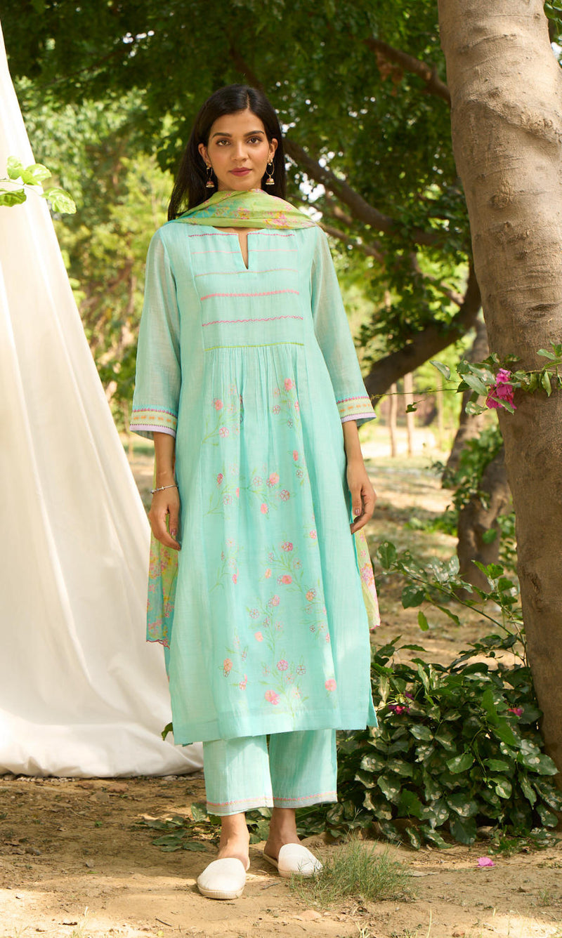 Papiha Kurta Set-Turquoise silk by Priti Prashant for women Worldwide