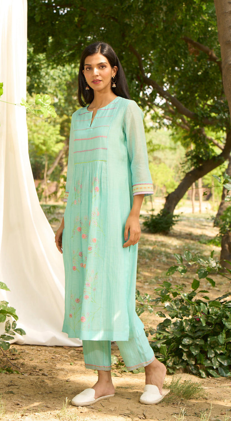 Papiha Kurta Set-Turquoise silk by Priti Prashant for women Worldwide