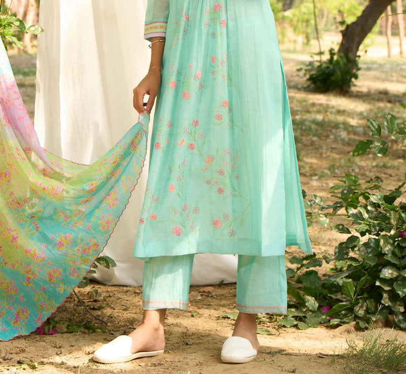 Papiha Kurta Set-Turquoise silk by Priti Prashant for women Worldwide