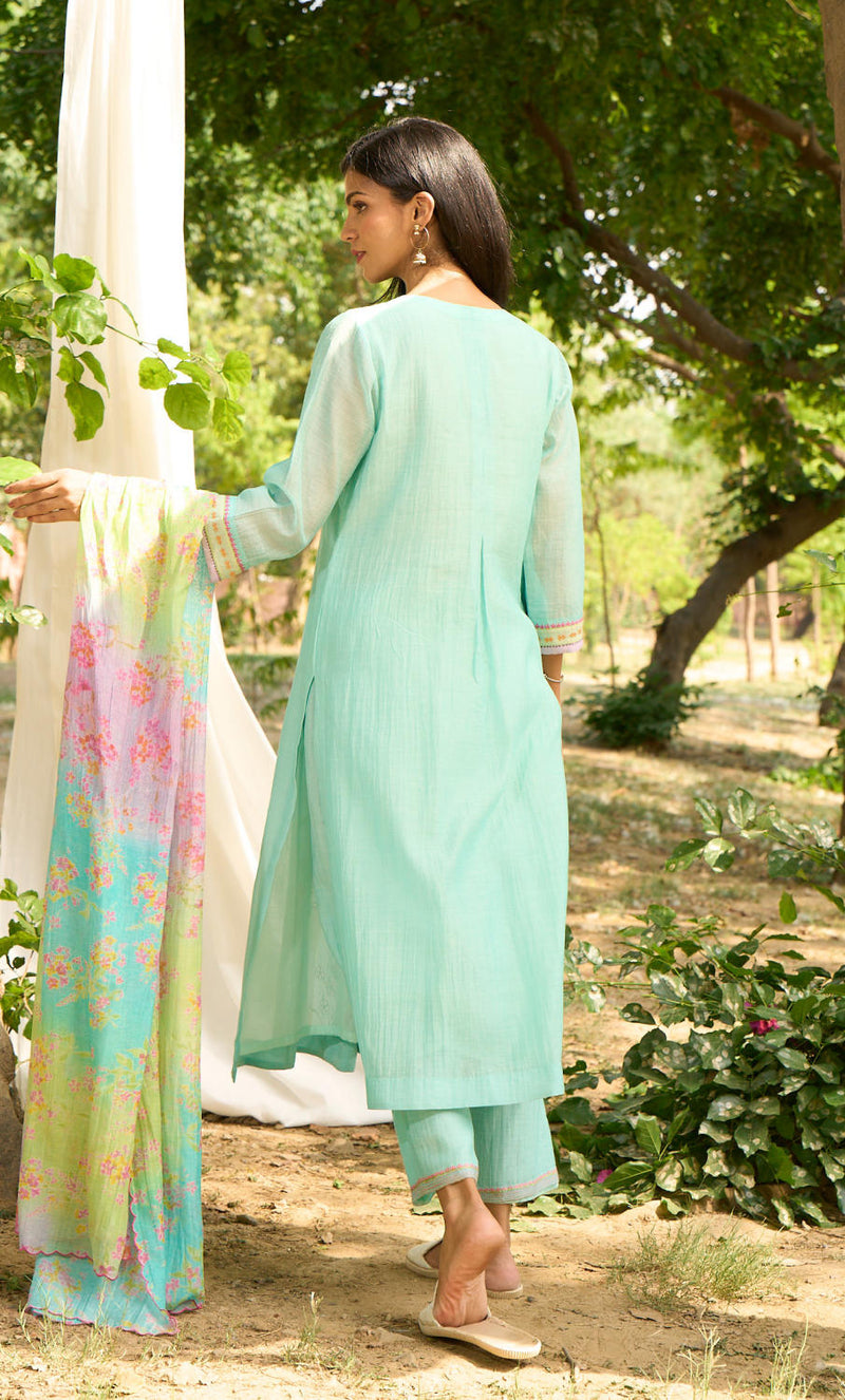 Papiha Kurta Set-Turquoise silk by Priti Prashant for women Worldwide