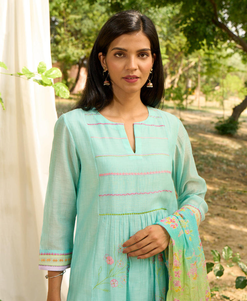 Papiha Kurta Set-Turquoise silk by Priti Prashant for women Worldwide