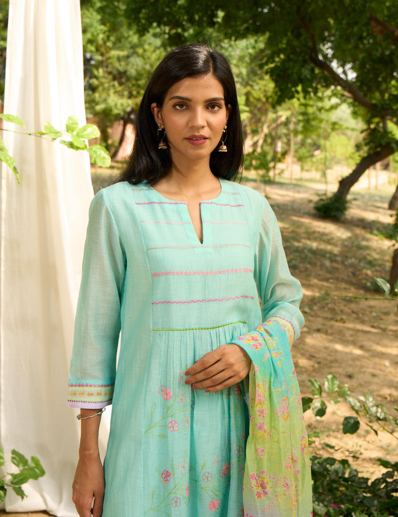 Papiha Kurta Set-Turquoise silk by Priti Prashant for women Worldwide