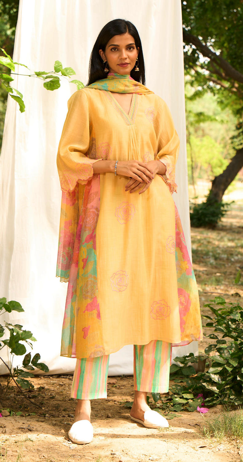 Rajhans Kurta Set silk by Priti Prashant in yellow color for women Worldwide