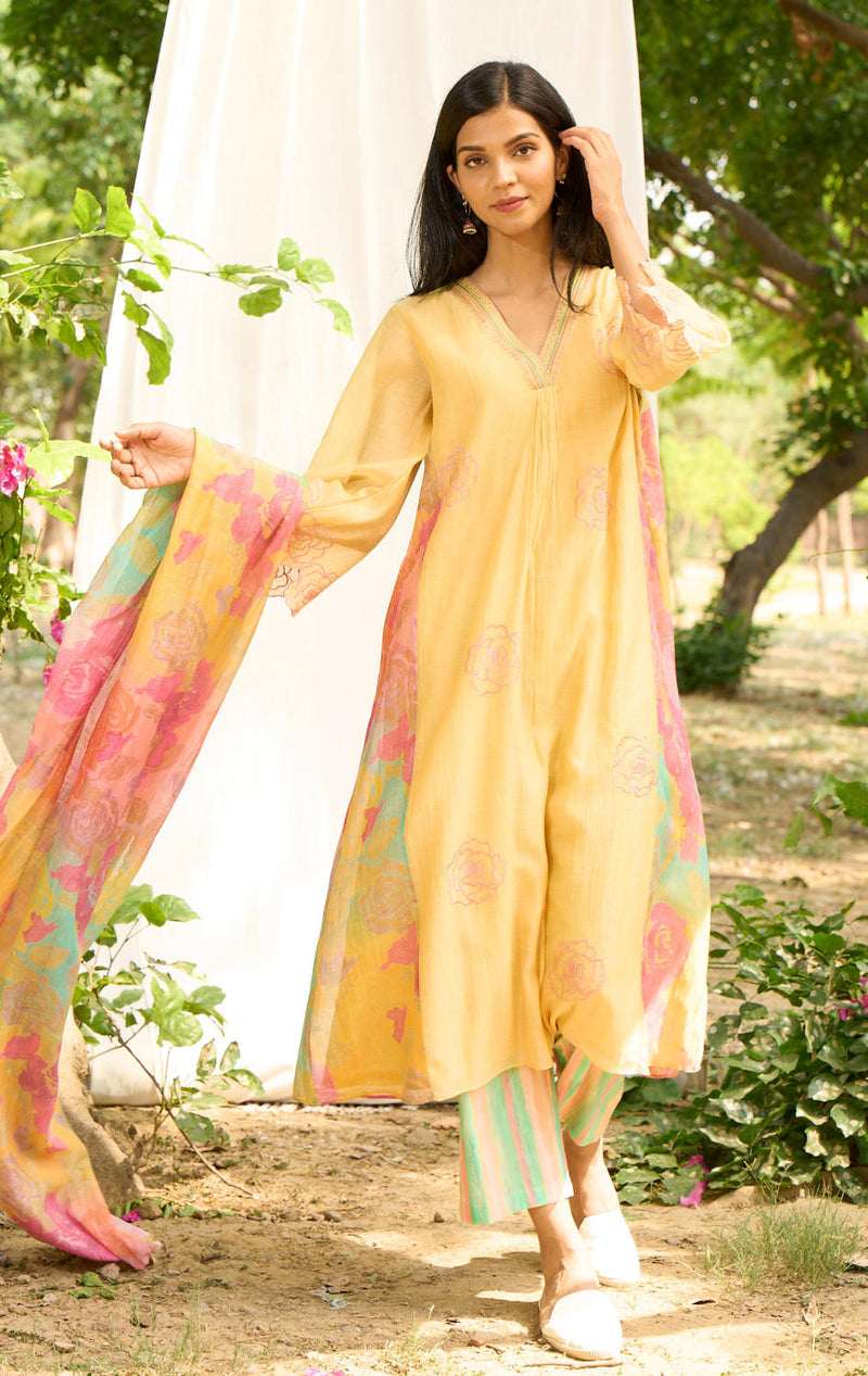 Rajhans Kurta Set silk by Priti Prashant in yellow color for women Worldwide