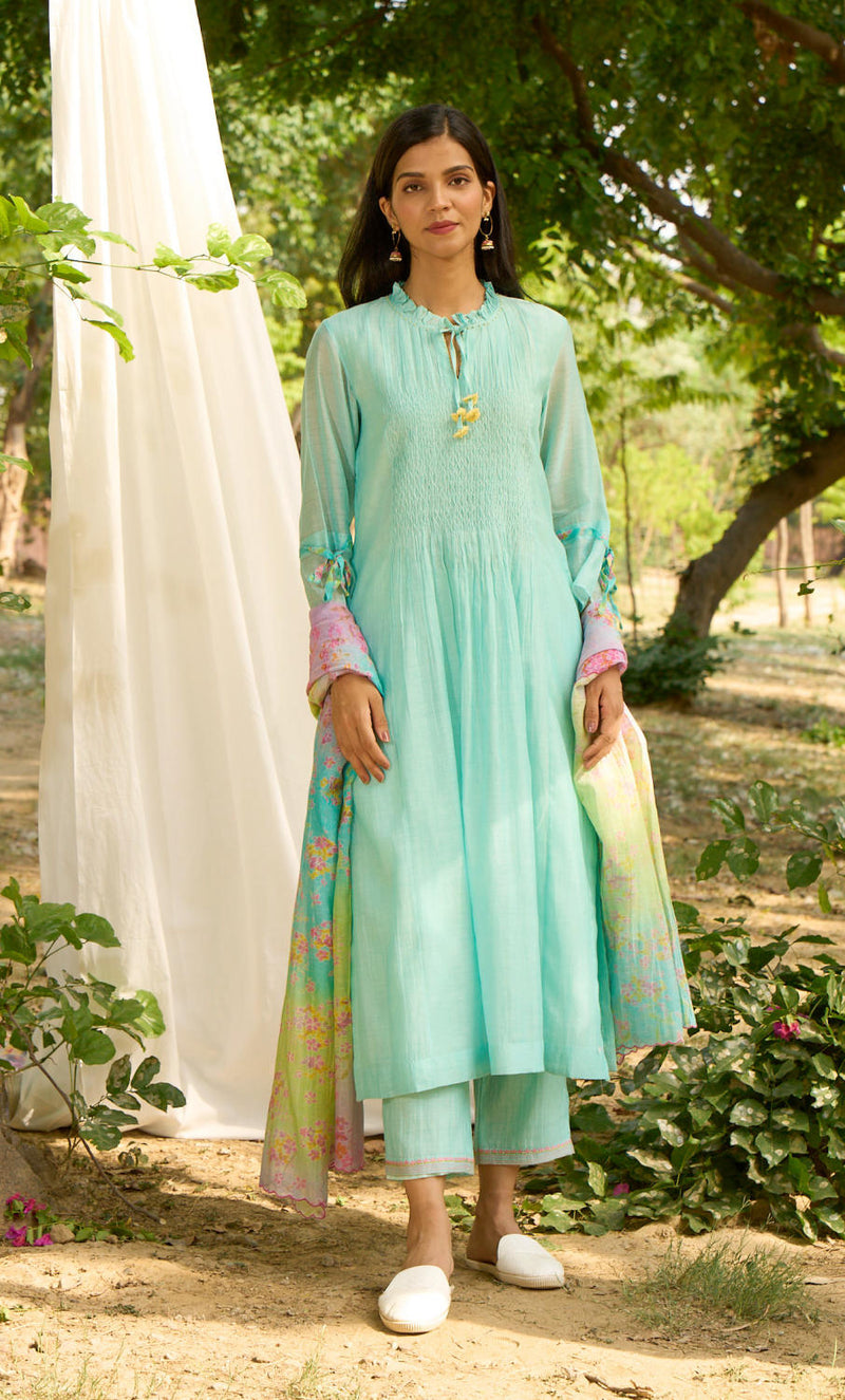 Baya Kurta Set-Turquoise silk by Priti Prashant for women Worldwide