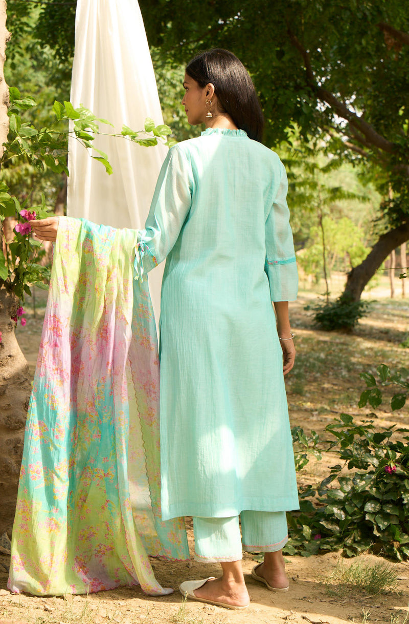 Baya Kurta Set-Turquoise silk by Priti Prashant for women Worldwide