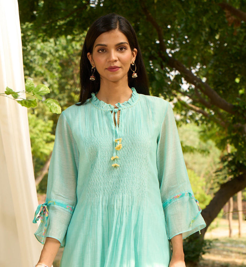 Baya Kurta Set-Turquoise silk by Priti Prashant for women Worldwide