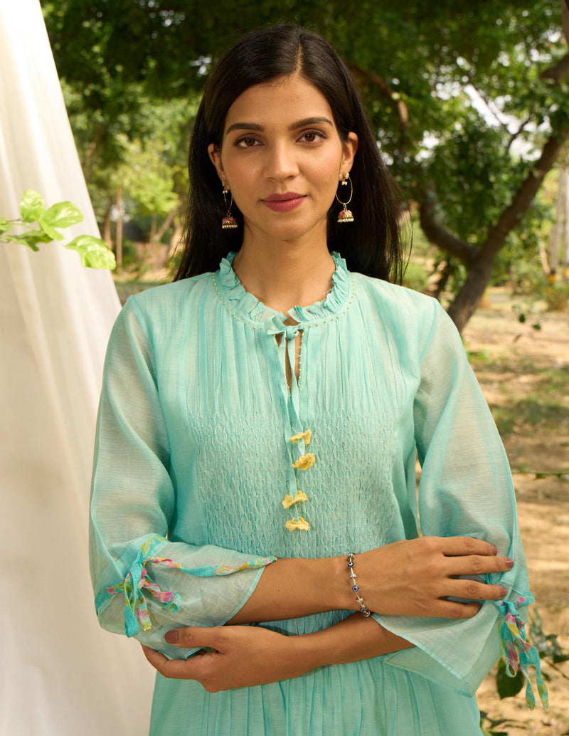 Baya Kurta Set-Turquoise silk by Priti Prashant for women Worldwide