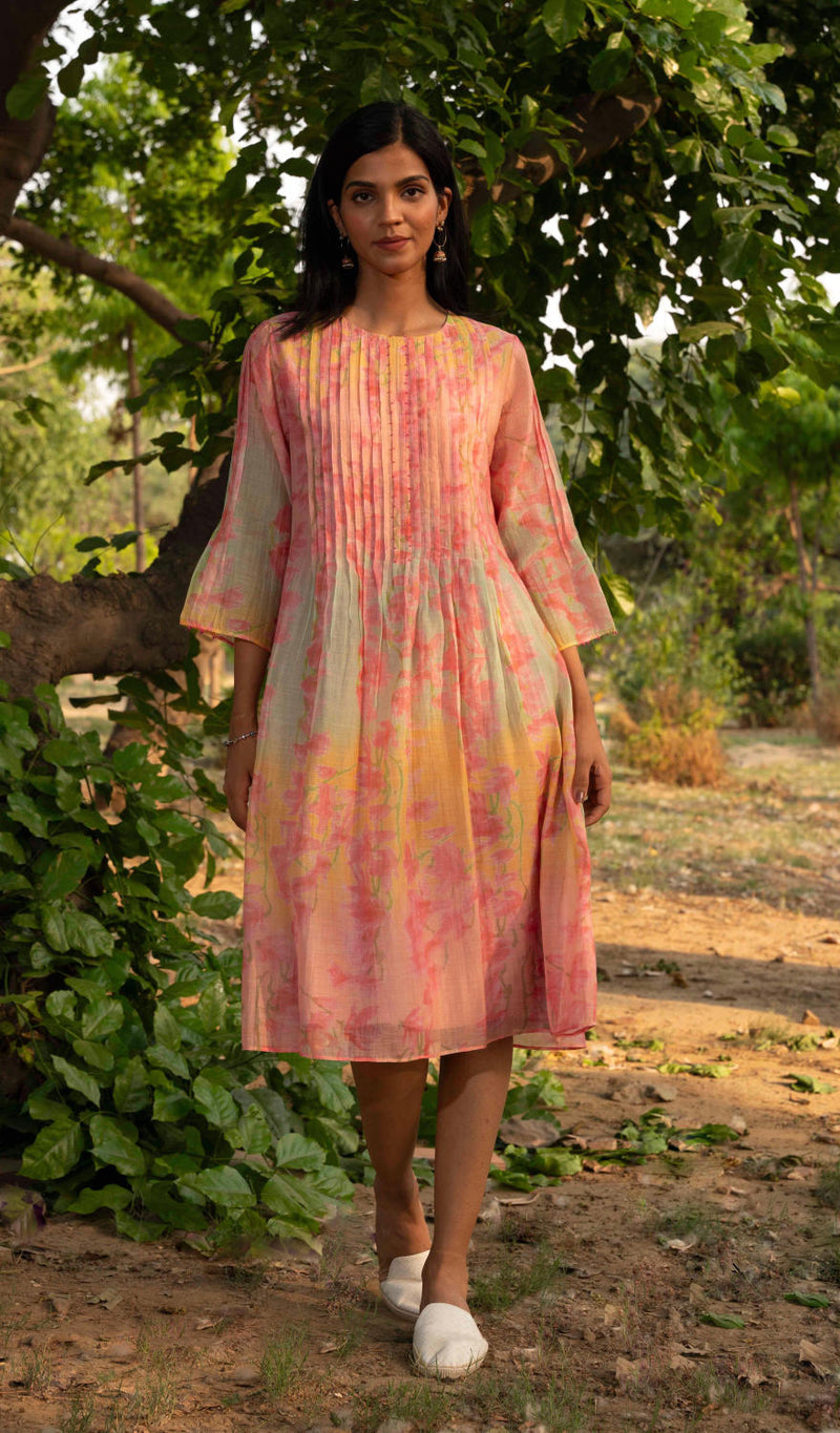 Canary Dress silk by Priti Prashant in peach color for women Worldwide