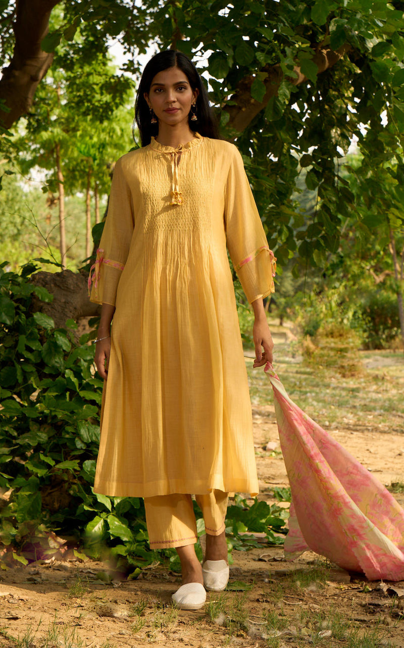 Baya Kurta Set-Yellow silk by Priti Prashant in yellow color for women Worldwide