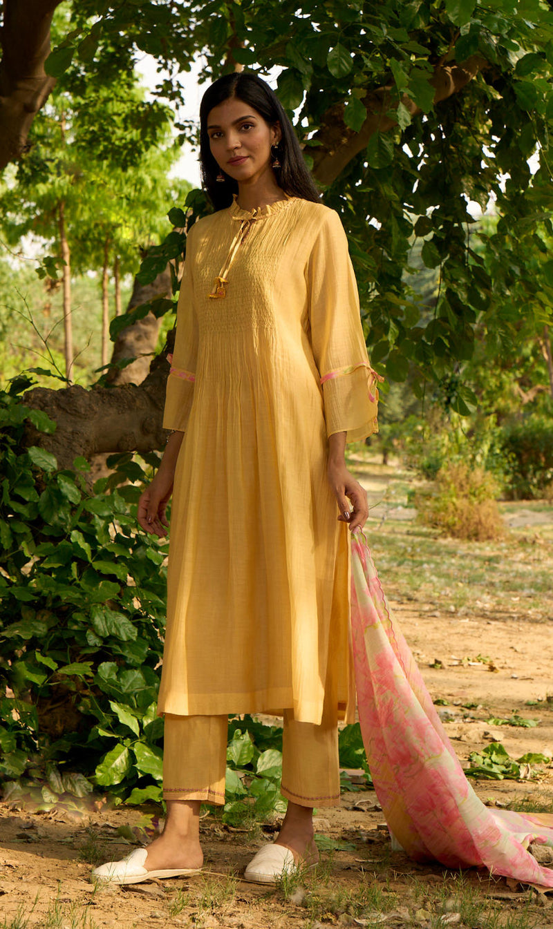 Baya Kurta Set-Yellow silk by Priti Prashant in yellow color for women Worldwide