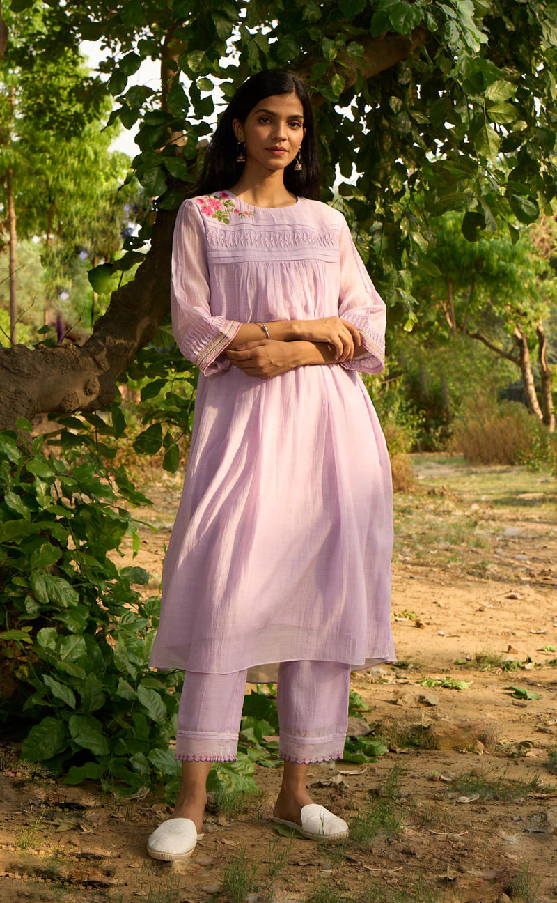 Maina Kurta Set-Lilac silk by Priti Prashant for women Worldwide