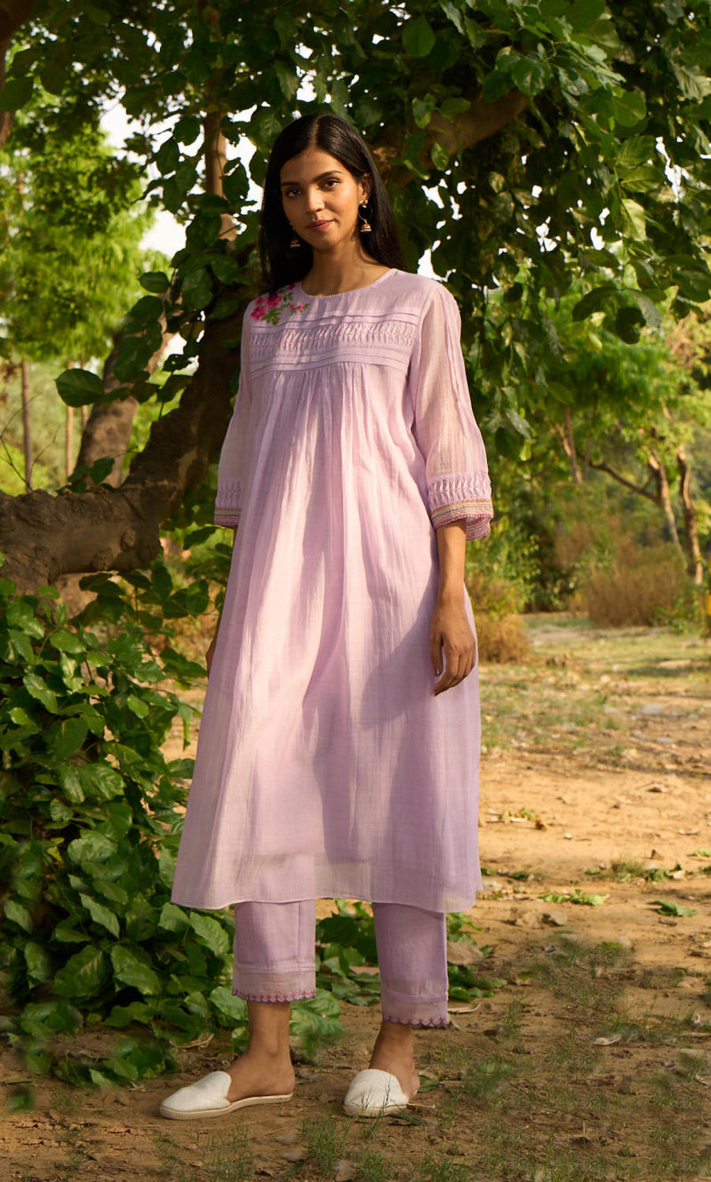 Maina Kurta Set-Lilac silk by Priti Prashant for women Worldwide