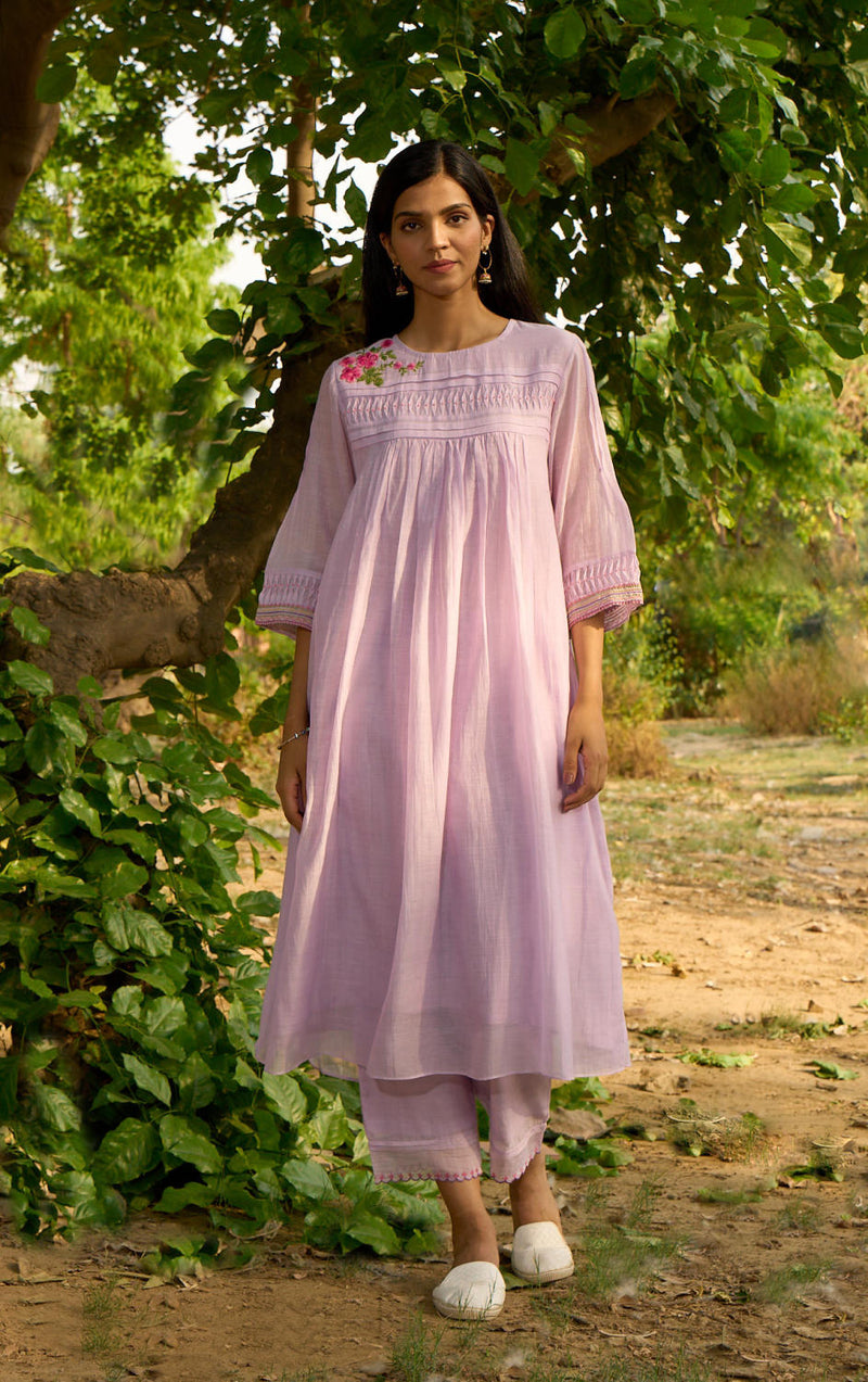 Maina-KBD Kurta Set-Lilac silk by Priti Prashant for women Worldwide