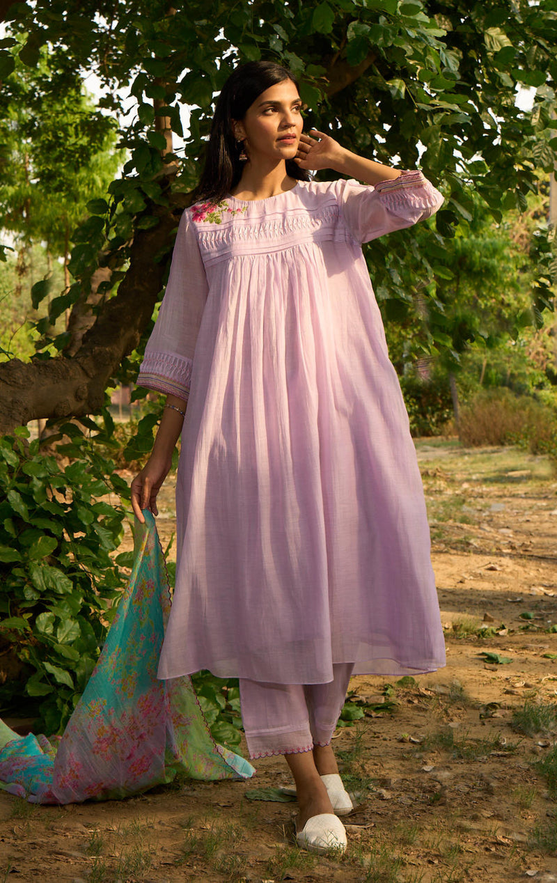 Maina-KBD Kurta Set-Lilac silk by Priti Prashant for women Worldwide