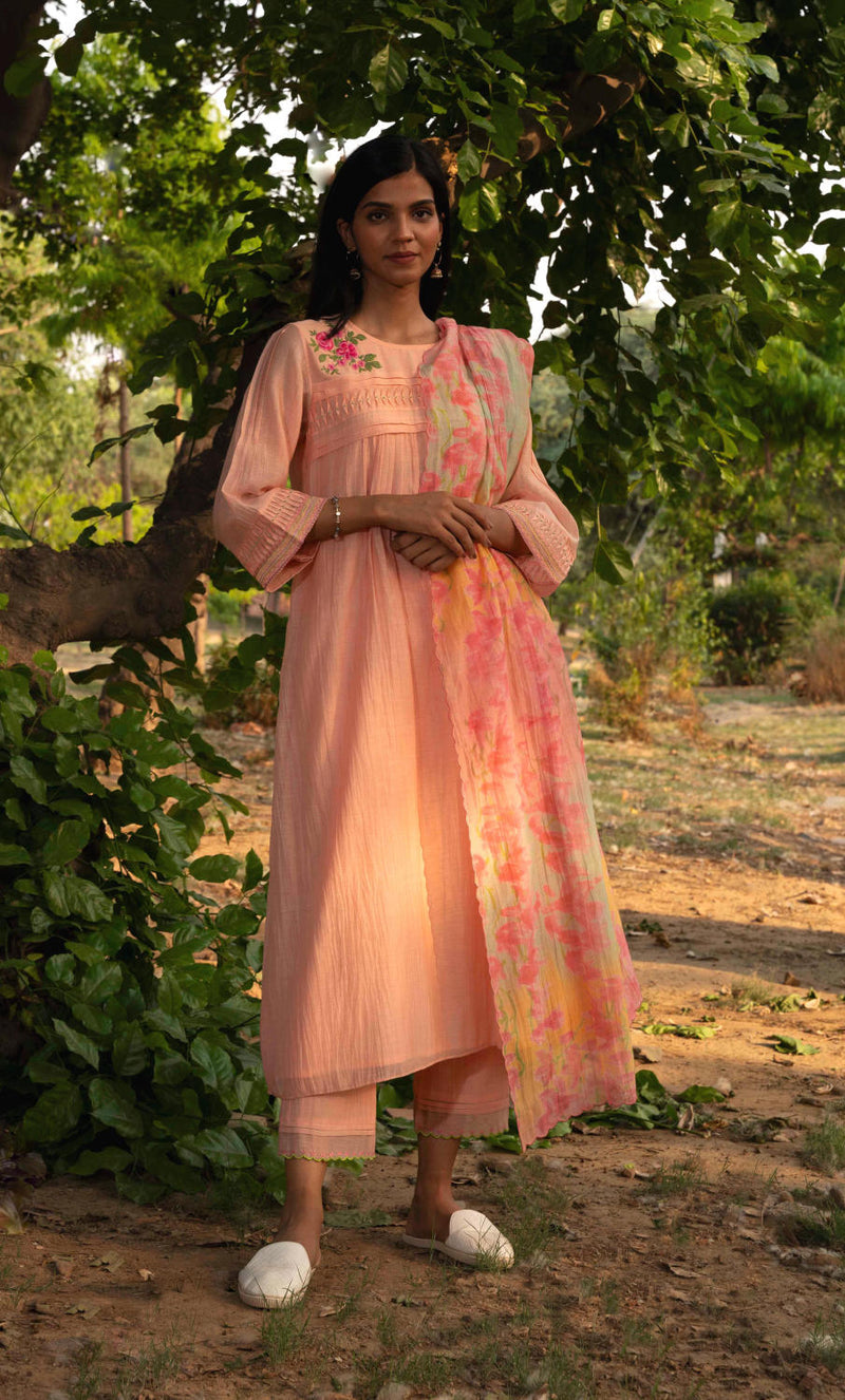 Maina-KBD Kurta Set-Peach silk by Priti Prashant in peach color for women Worldwide