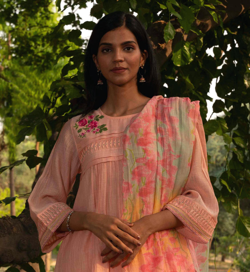 Maina-KBD Kurta Set-Peach silk by Priti Prashant in peach color for women Worldwide
