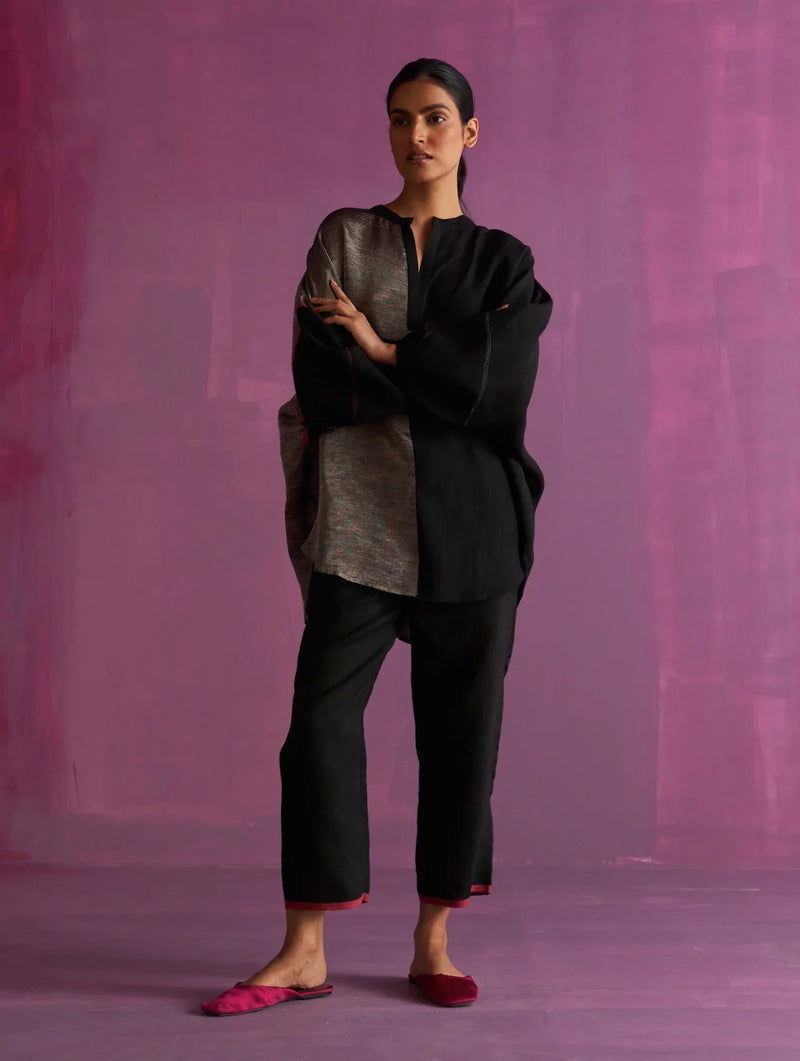 Ansa Tapered Linen Pant - Black by Manan in black color for women Worldwide