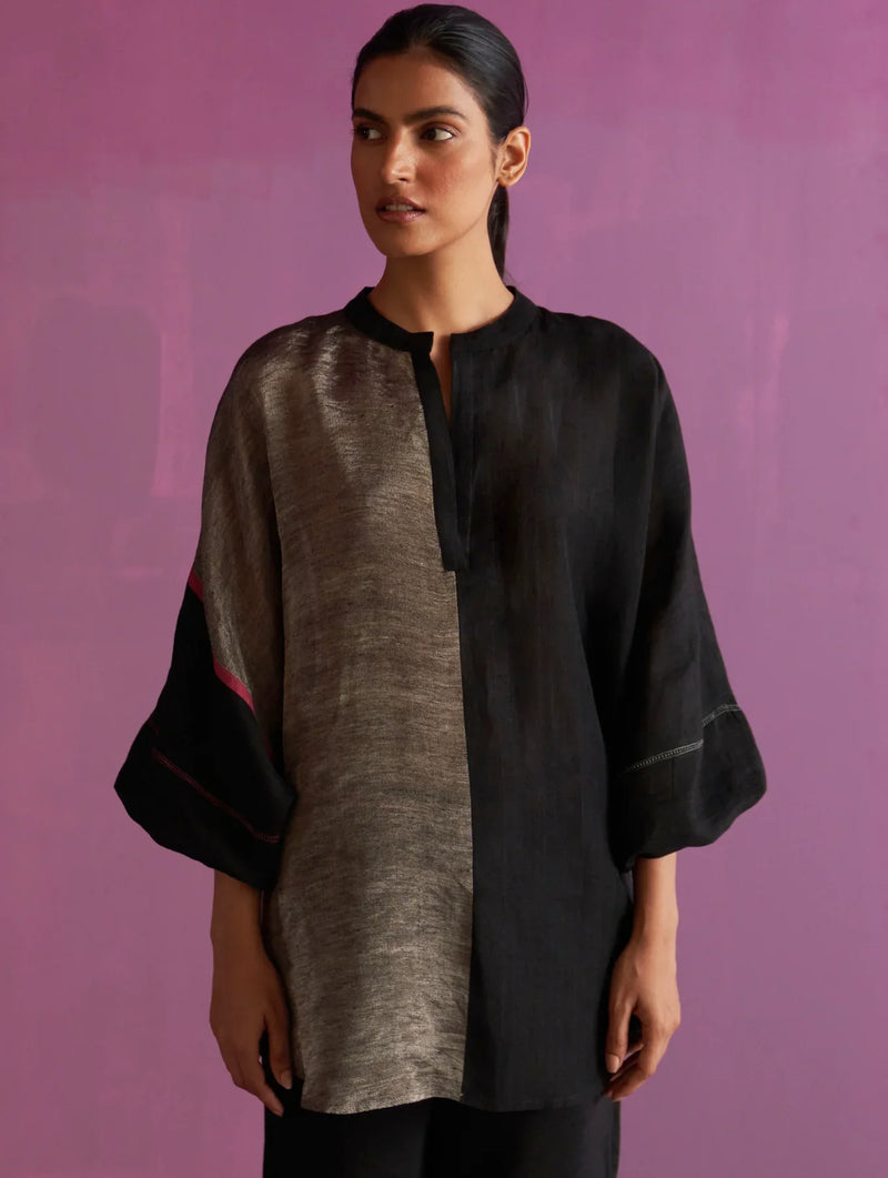 Ana Metallic Linen Top - Black linen by Manan in black color for women Worldwide