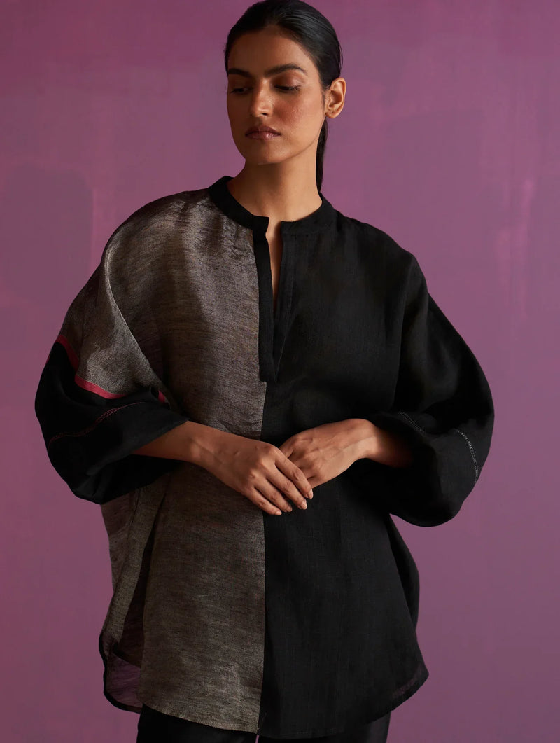 Ana Metallic Linen Top - Black linen by Manan in black color for women Worldwide
