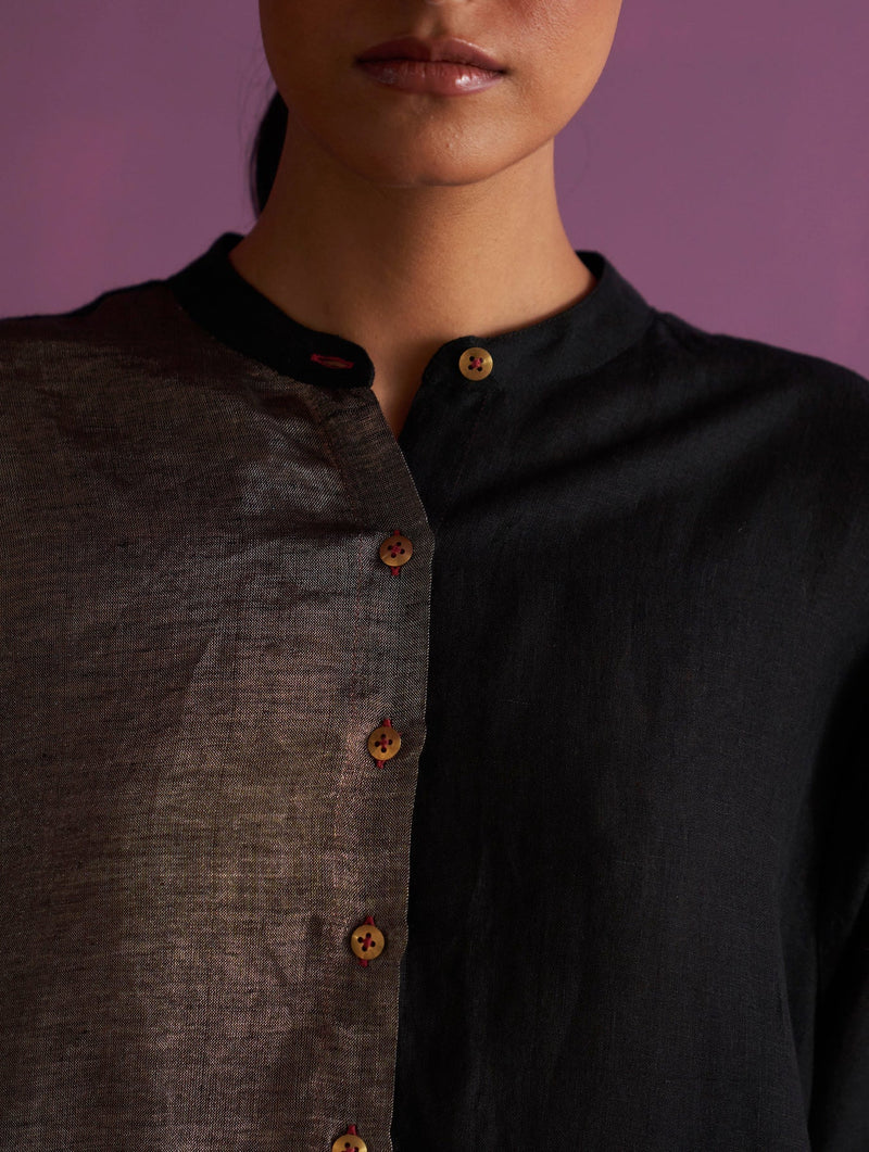 Clara Metallic Shirt Kurta - Black linen by Manan in black color for women Worldwide