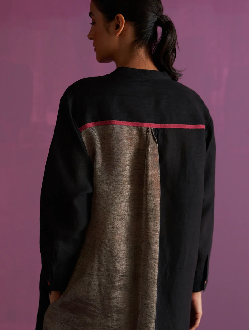 Clara Metallic Shirt Kurta - Black linen by Manan in black color for women Worldwide