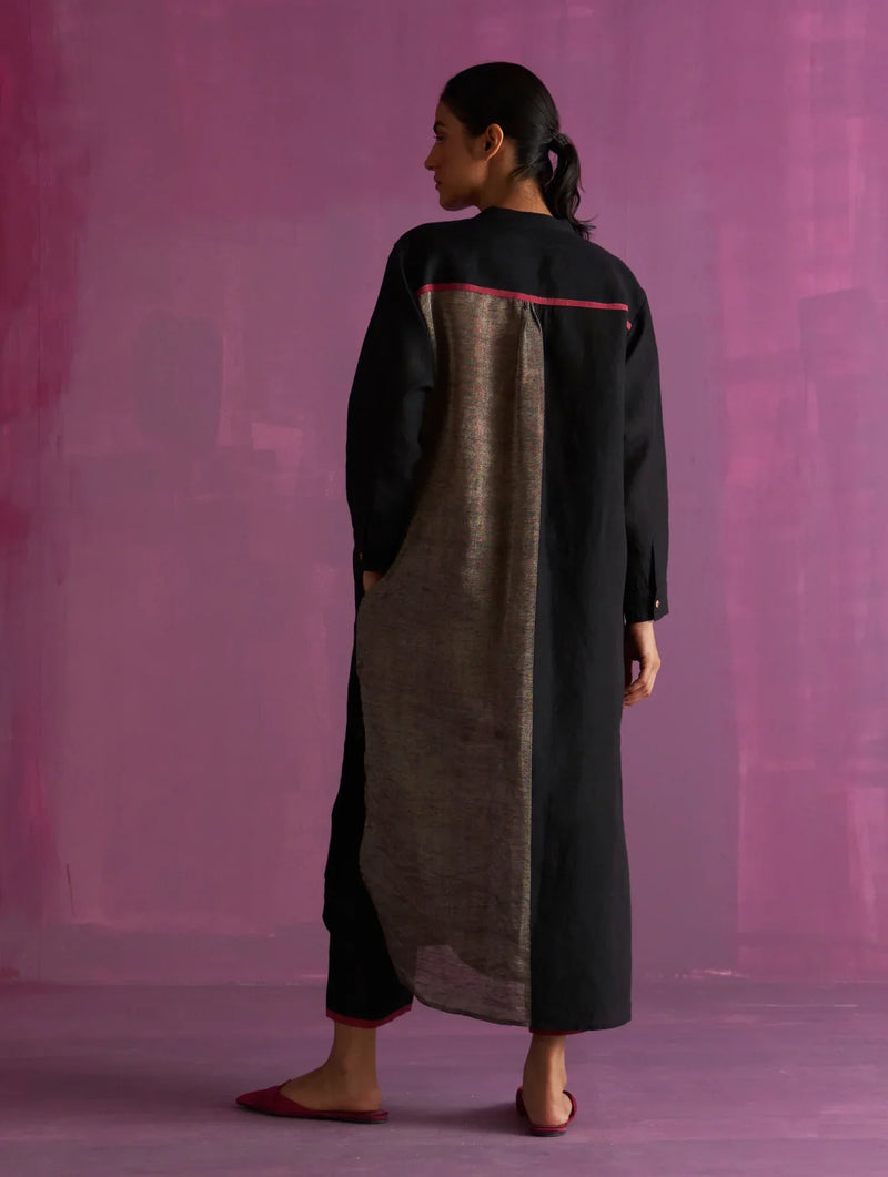 Clara Metallic Shirt Kurta - Black linen by Manan in black color for women Worldwide